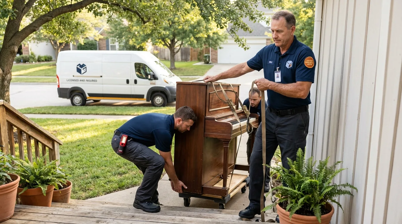 Licensed piano movers securing grand piano in Brookland, AR