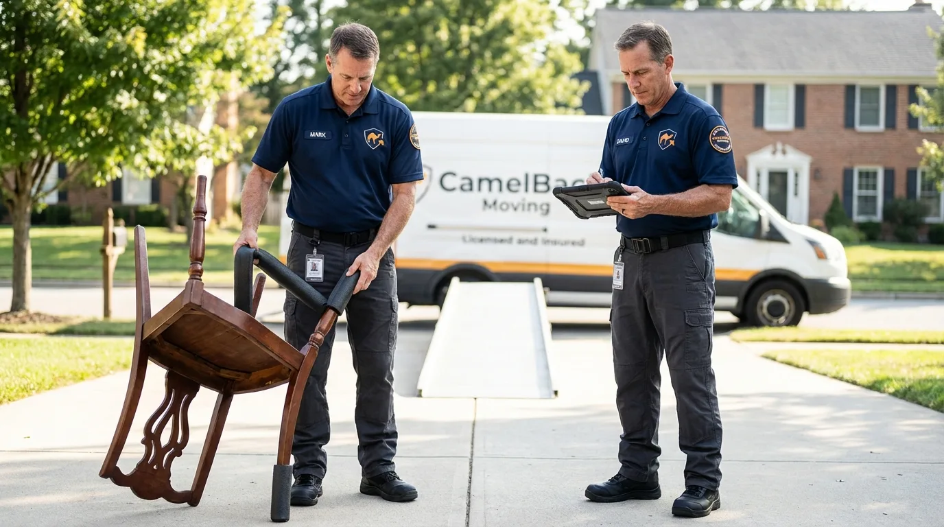 Movers inspecting furniture for damage prevention before loading in Brookland, AR