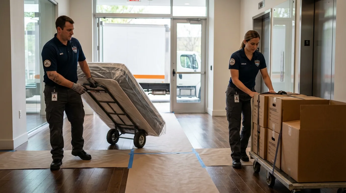 Professional apartment movers loading elevator in Brookland, AR